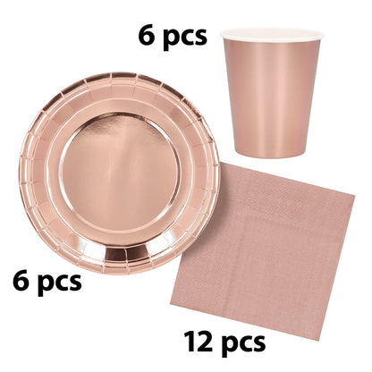 Set de Table Rose Gold 24 pièces - Assiettes, Gobelets et Serviettes