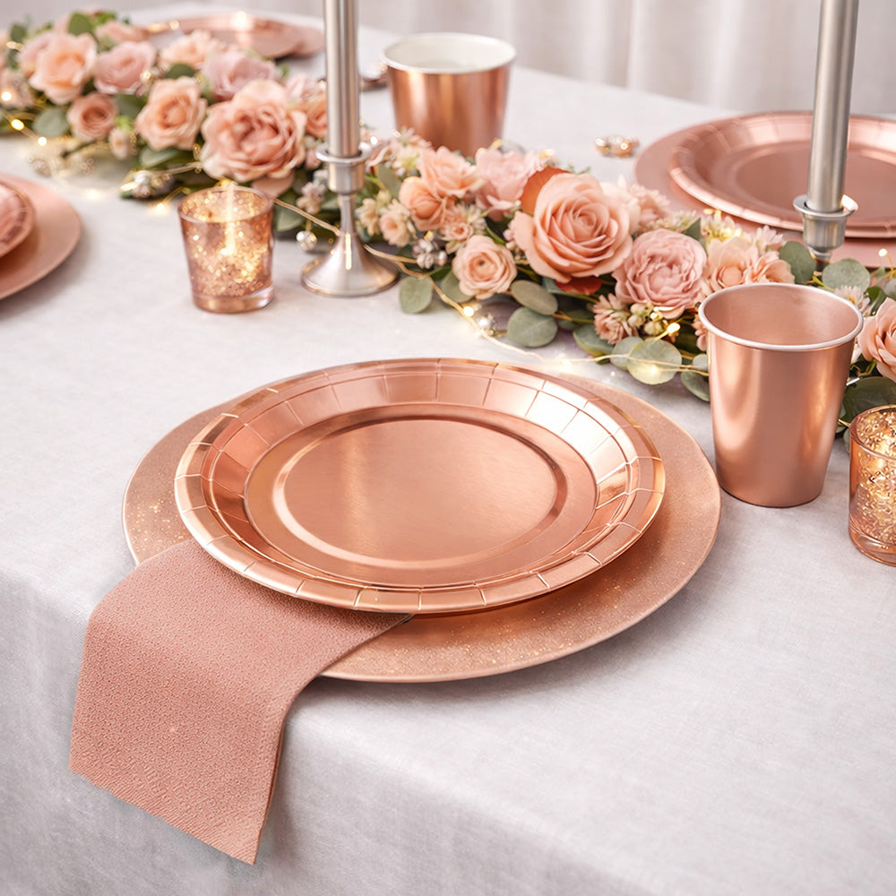 Set de Table Rose Gold 24 pièces - Assiettes, Gobelets et Serviettes