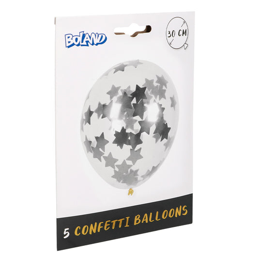 Ballons Confettis 30 cm Étoiles Argent - Pack de 5