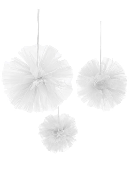 3 Pompons à suspendre en tulle blanc 15, 20 et 30 cm