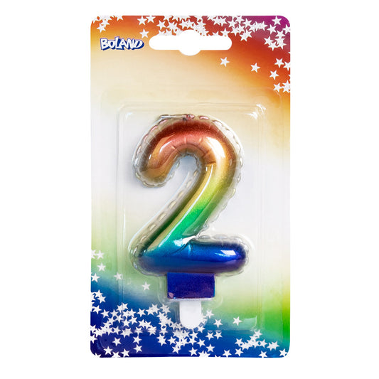 Bougie d'anniversaire chiffre 2 arc-en-ciel scintillante