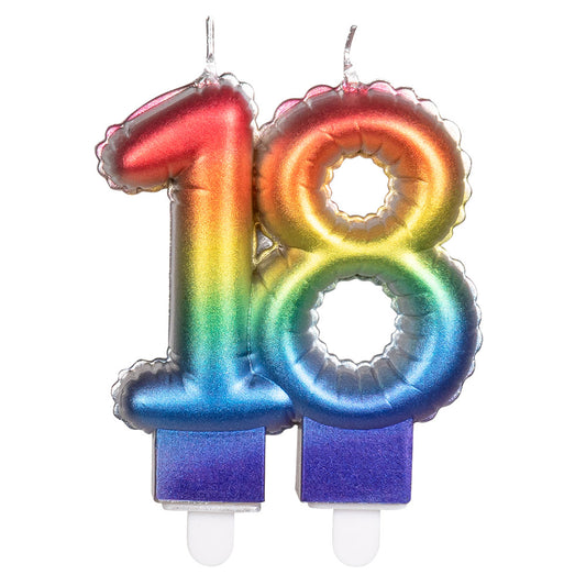 Bougie d'anniversaire chiffre 18 arc-en-ciel avec socles