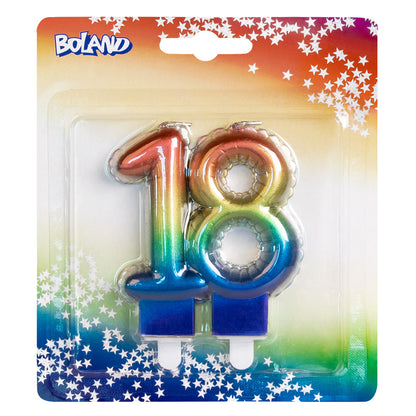 Bougie d'anniversaire chiffre 18 arc-en-ciel avec socles