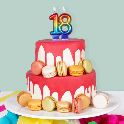Bougie d'anniversaire chiffre 18 arc-en-ciel avec socles