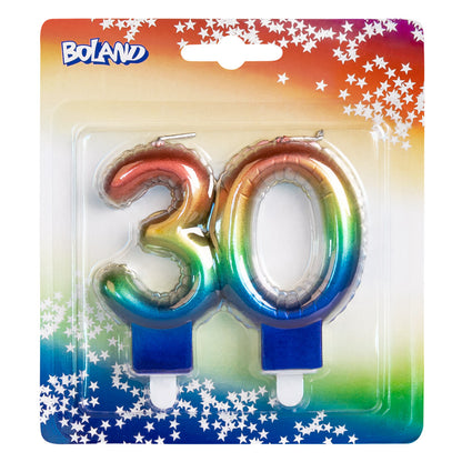 Bougies Chiffres 30 Arc-en-Ciel - Gâteau Anniversaire