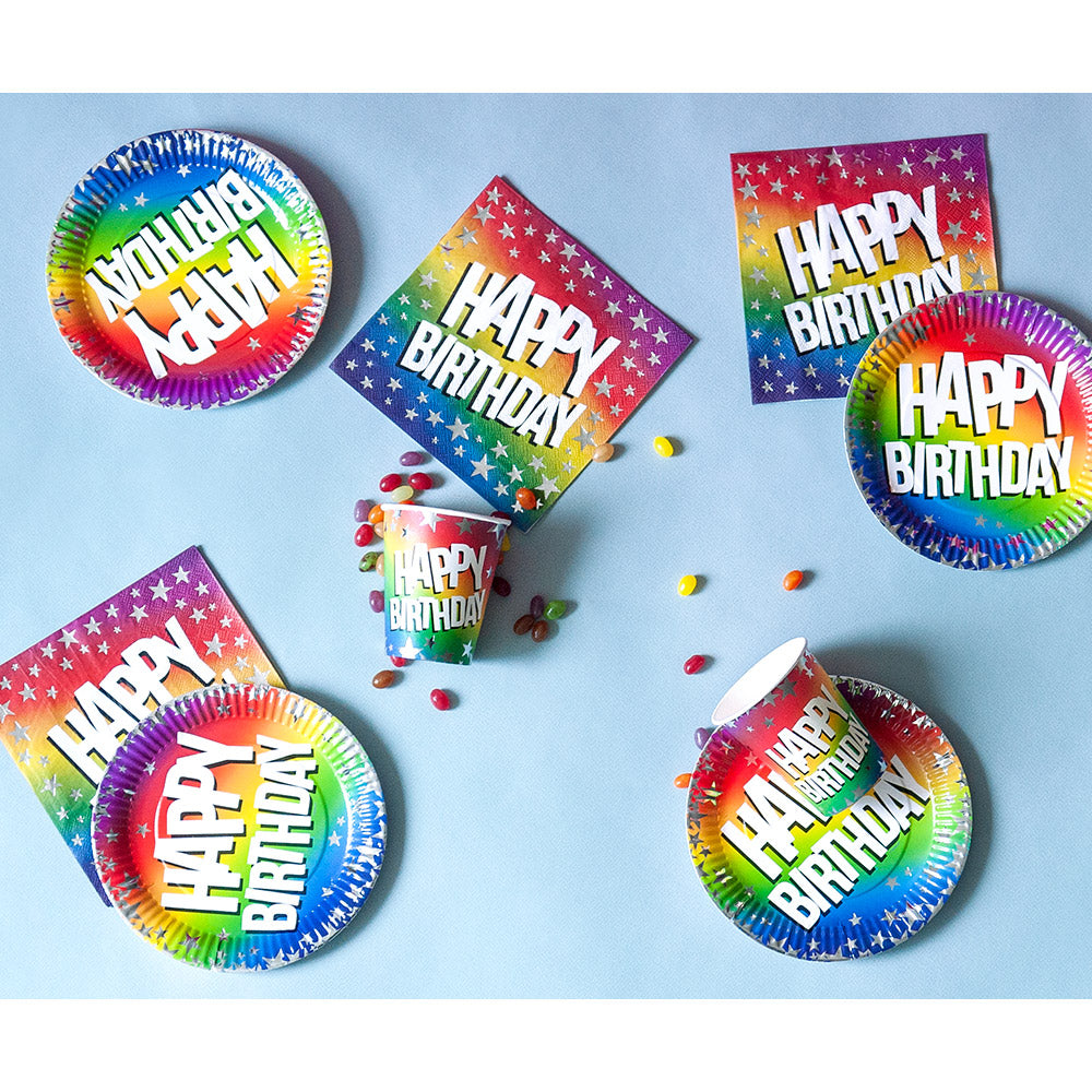 Set de Vaisselle Arc-en-ciel Happy Birthday - 16 Assiettes