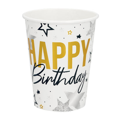 Gobelets Happy Birthday Étoiles Doré et Noir - Lot de 8