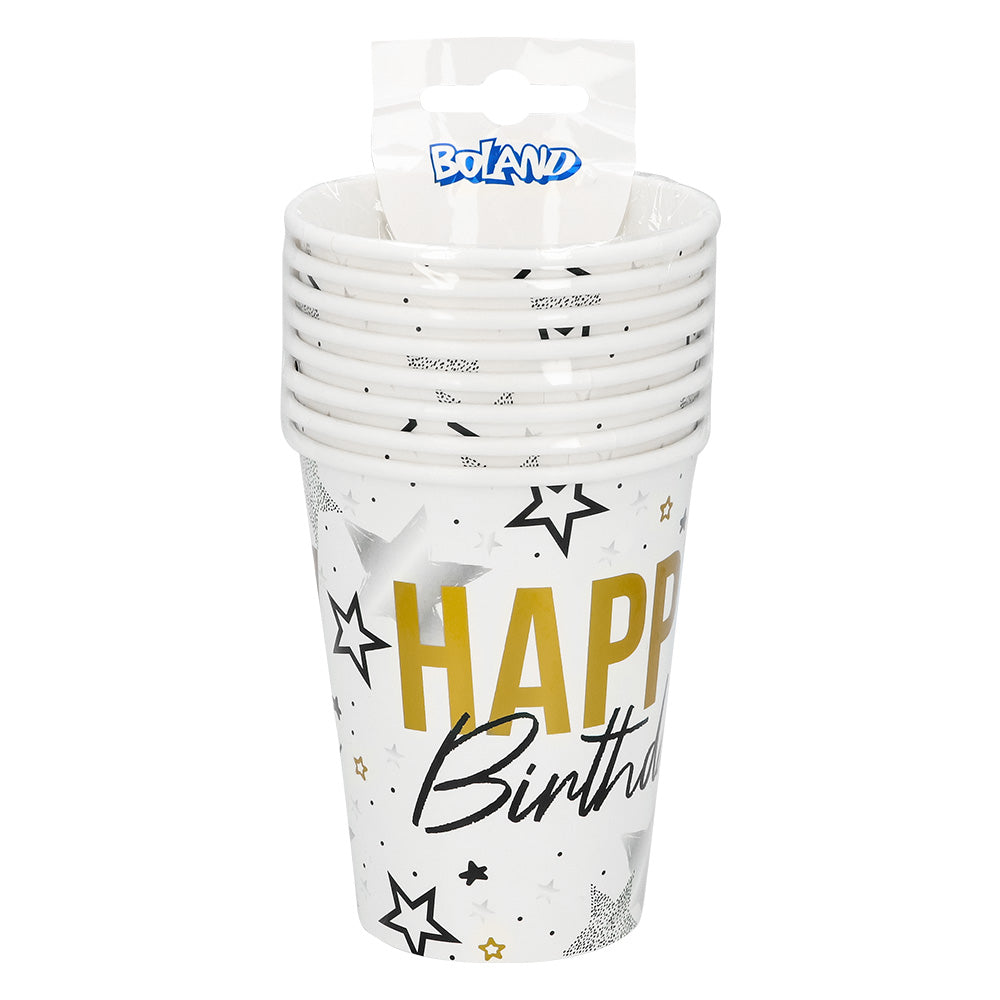 Gobelets Happy Birthday Étoiles Doré et Noir - Lot de 8