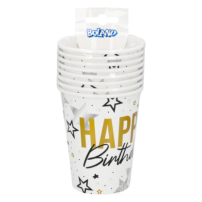 Gobelets Happy Birthday Étoiles Doré et Noir - Lot de 8