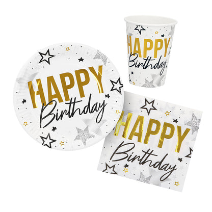 Kit Vaisselle Happy Birthday Étoiles Or - 7 pièces