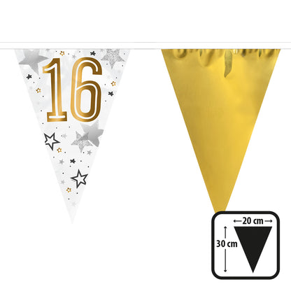 Guirlande fanions 16 ans doré et blanc - Décoration anniversaire