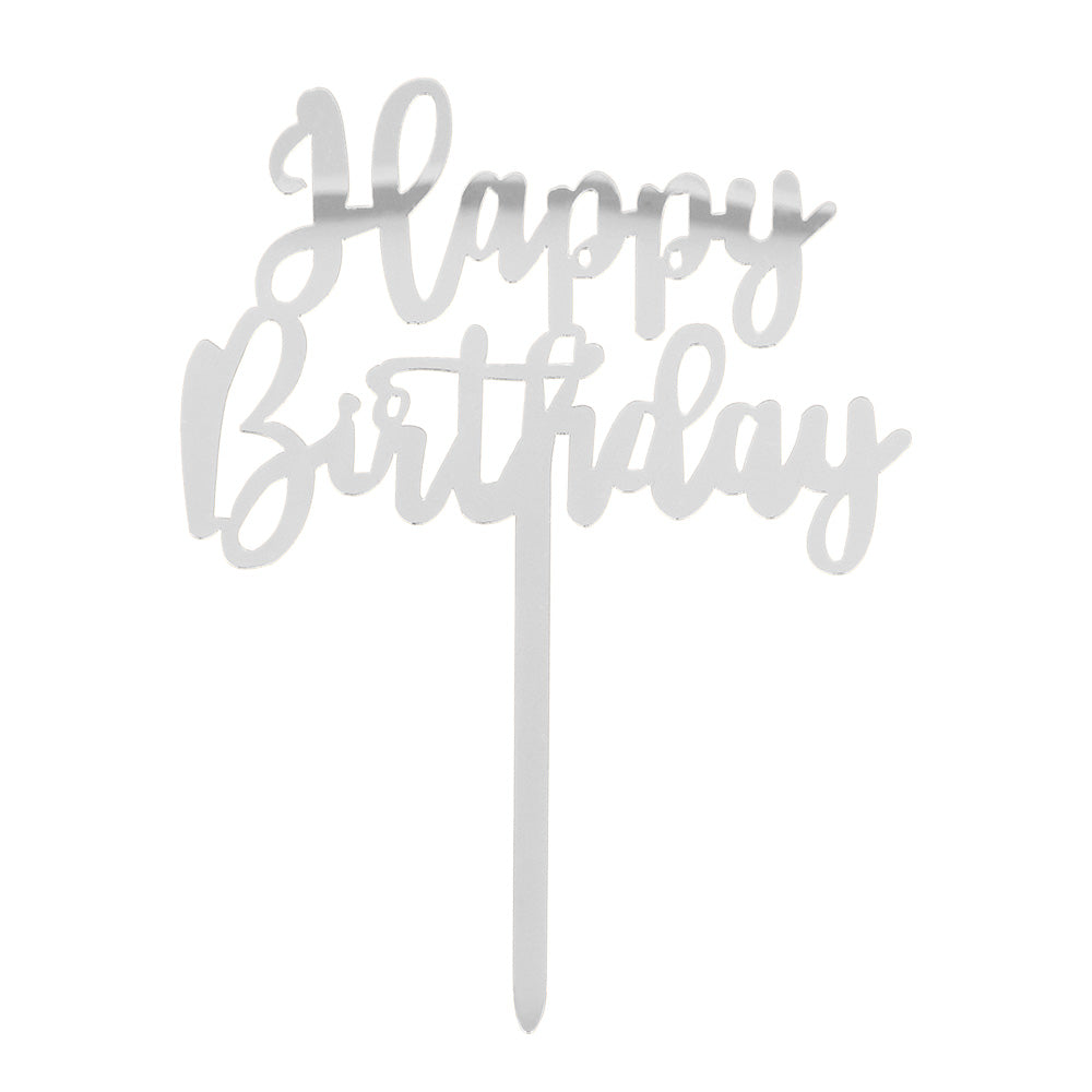 Cake Topper Happy Birthday argenté - Décoration gâteau fête
