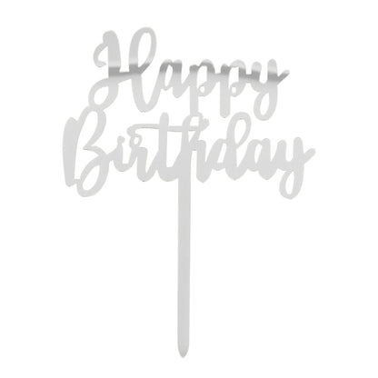 Cake Topper Happy Birthday argenté - Décoration gâteau fête