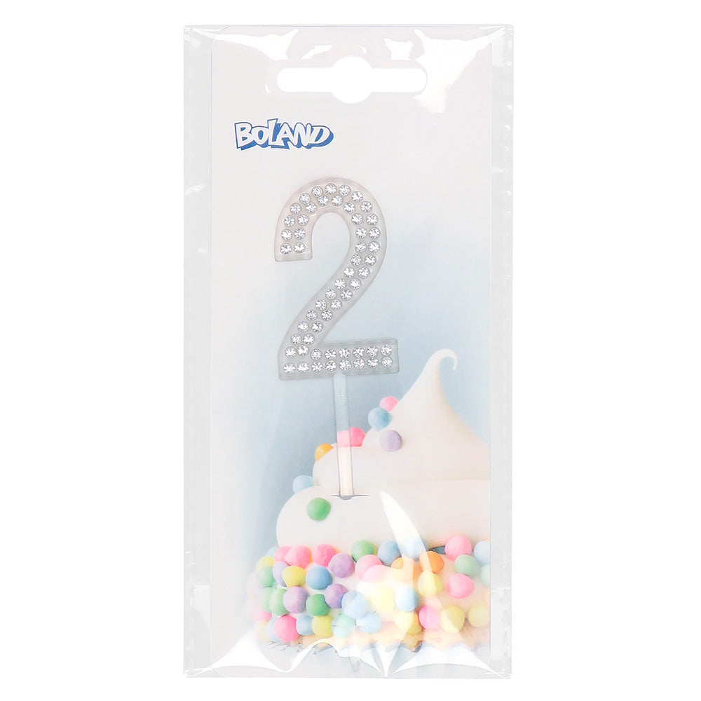 Bougie Chiffre 2 Pailletée Argentée - Décoration Gâteau d'Anniversaire