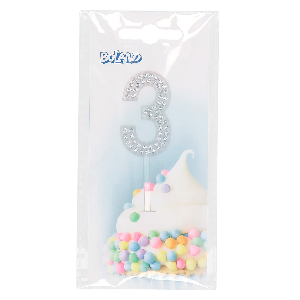 Bougie chiffre 3 pailletée argentée pour gâteau d'anniversaire