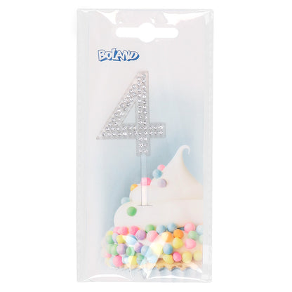 Bougie Chiffre 4 Strass Paillettes Blanc pour Gâteau