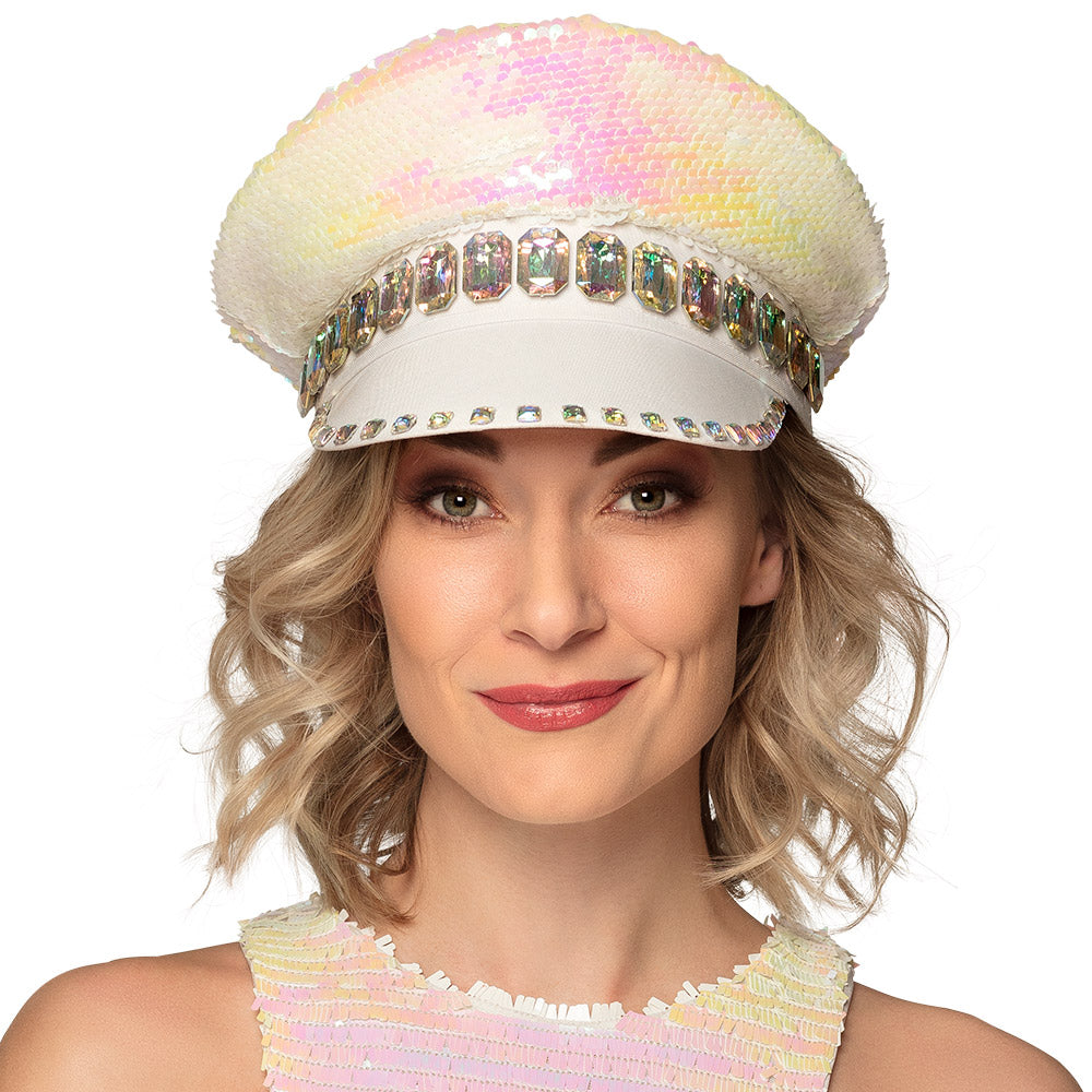 Casquette Sequins Irisés Blanc Strass - Déguisement Festival