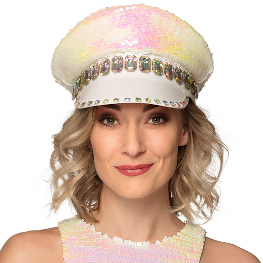 Casquette Sequins Irisés Blanc Strass - Déguisement Festival