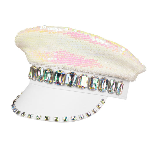 Casquette Sequins Irisés Blanc Strass - Déguisement Festival