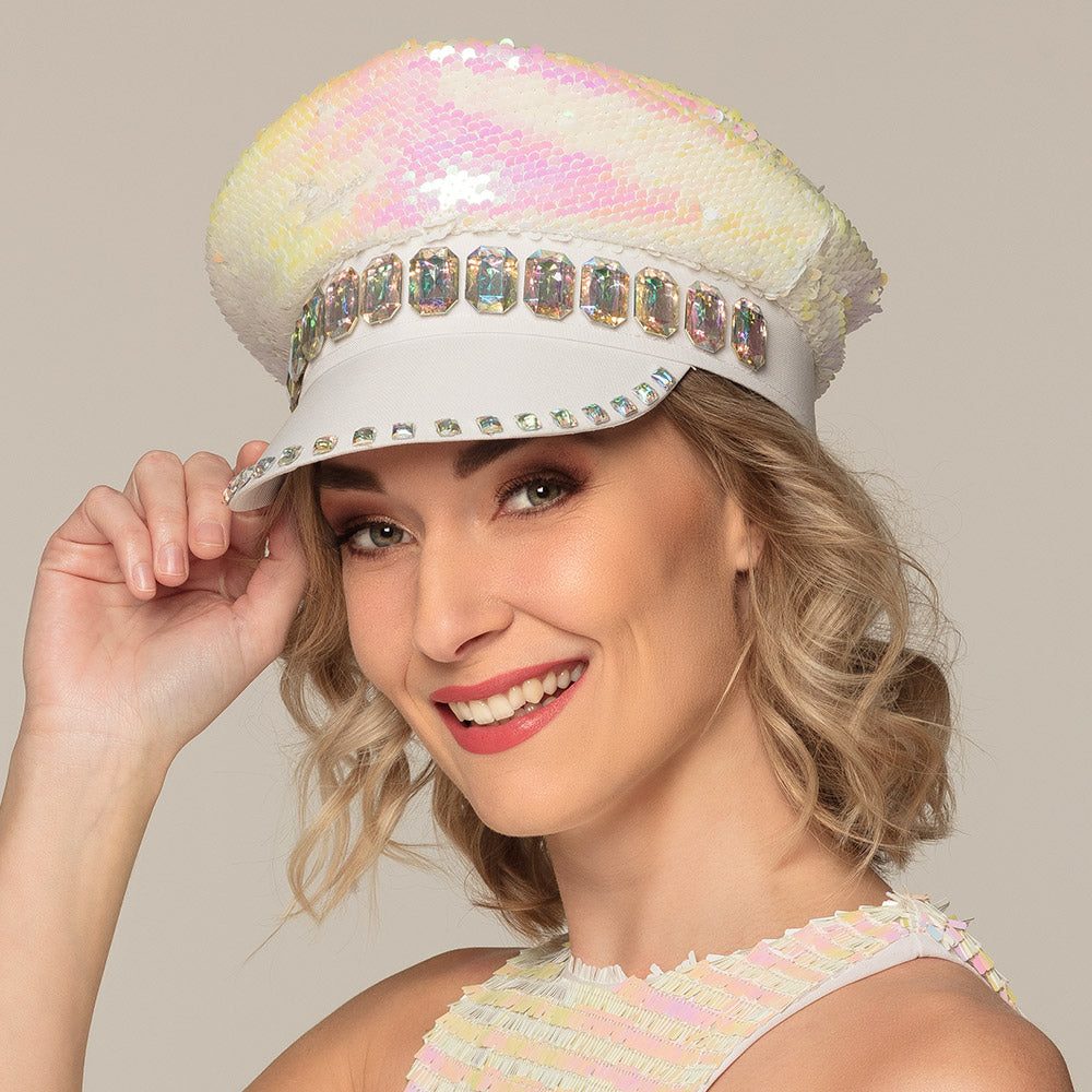 Casquette Sequins Irisés Blanc Strass - Déguisement Festival