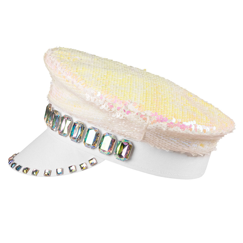 Casquette Sequins Irisés Blanc Strass - Déguisement Festival
