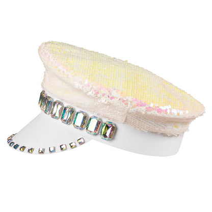 Casquette Sequins Irisés Blanc Strass - Déguisement Festival