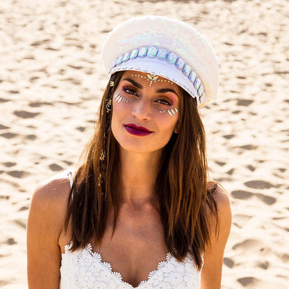 Casquette Sequins Irisés Blanc Strass - Déguisement Festival