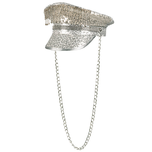 Casquette Sequins Argent Chaîne - Accessoire Soirée Disco