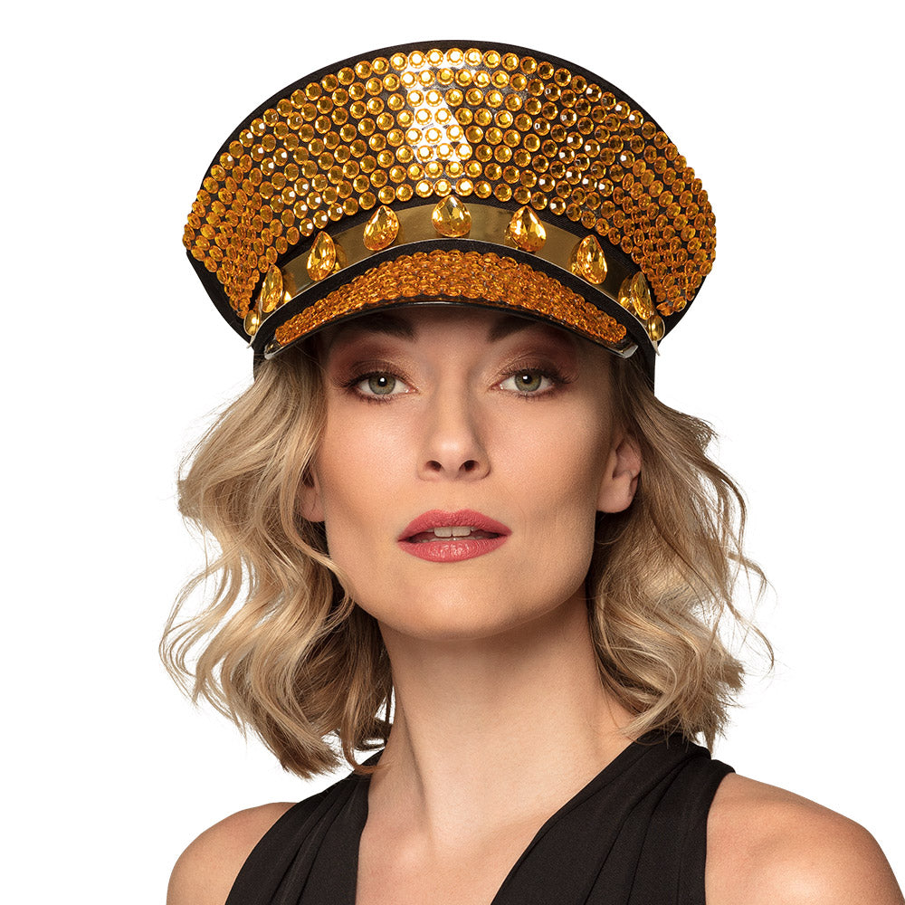 Casquette Militaire Dorée Paillettes Strass - Accessoire Disco Party