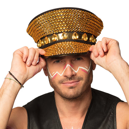 Casquette Militaire Dorée Paillettes Strass - Accessoire Disco Party