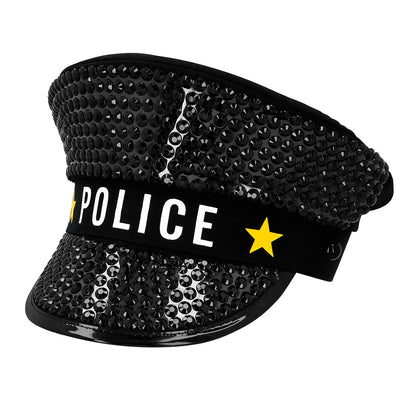 Casquette Police Paillettes Noire avec Étoiles Dorées