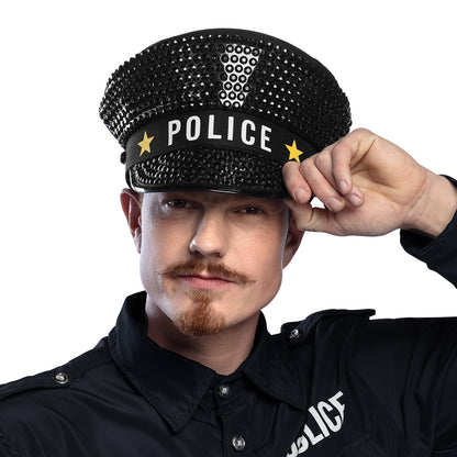 Casquette Police Paillettes Noire avec Étoiles Dorées