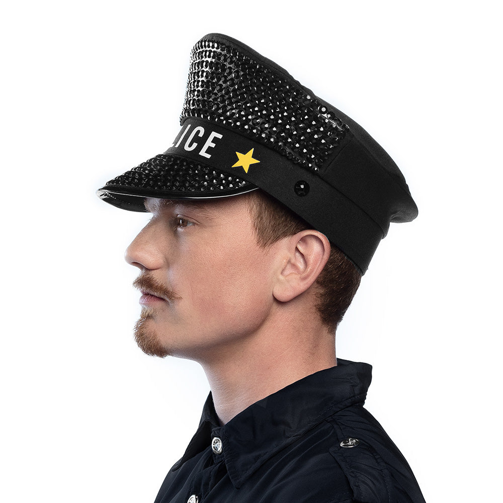Casquette Police Paillettes Noire avec Étoiles Dorées