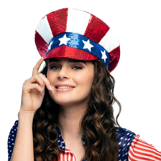 Chapeau Haut de Forme Sequins USA Drapeau Américain Patriote