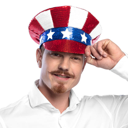Chapeau Haut de Forme Sequins USA Drapeau Américain Patriote