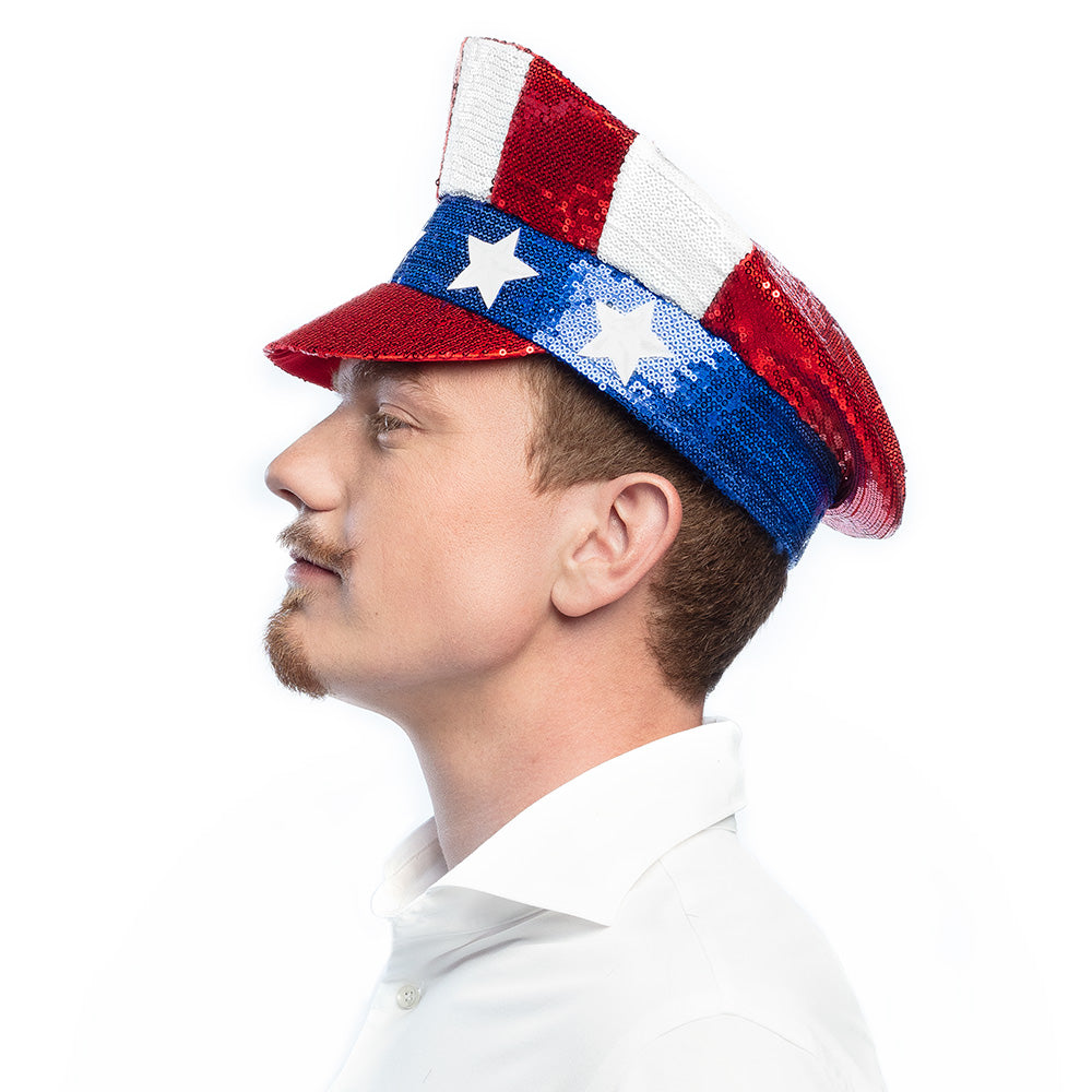 Chapeau Haut de Forme Sequins USA Drapeau Américain Patriote