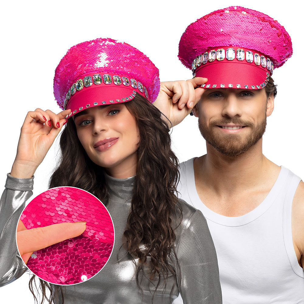 Casquette Capitaine Sequins Rose Fluo - Accessoire de Fête Adulte