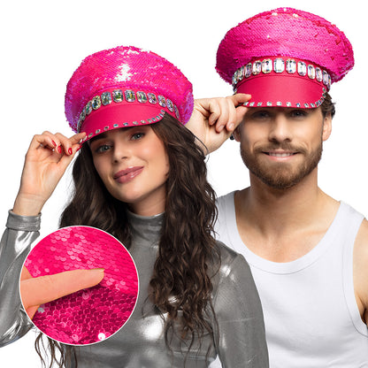 Casquette Capitaine Sequins Rose Fluo - Accessoire de Fête Adulte