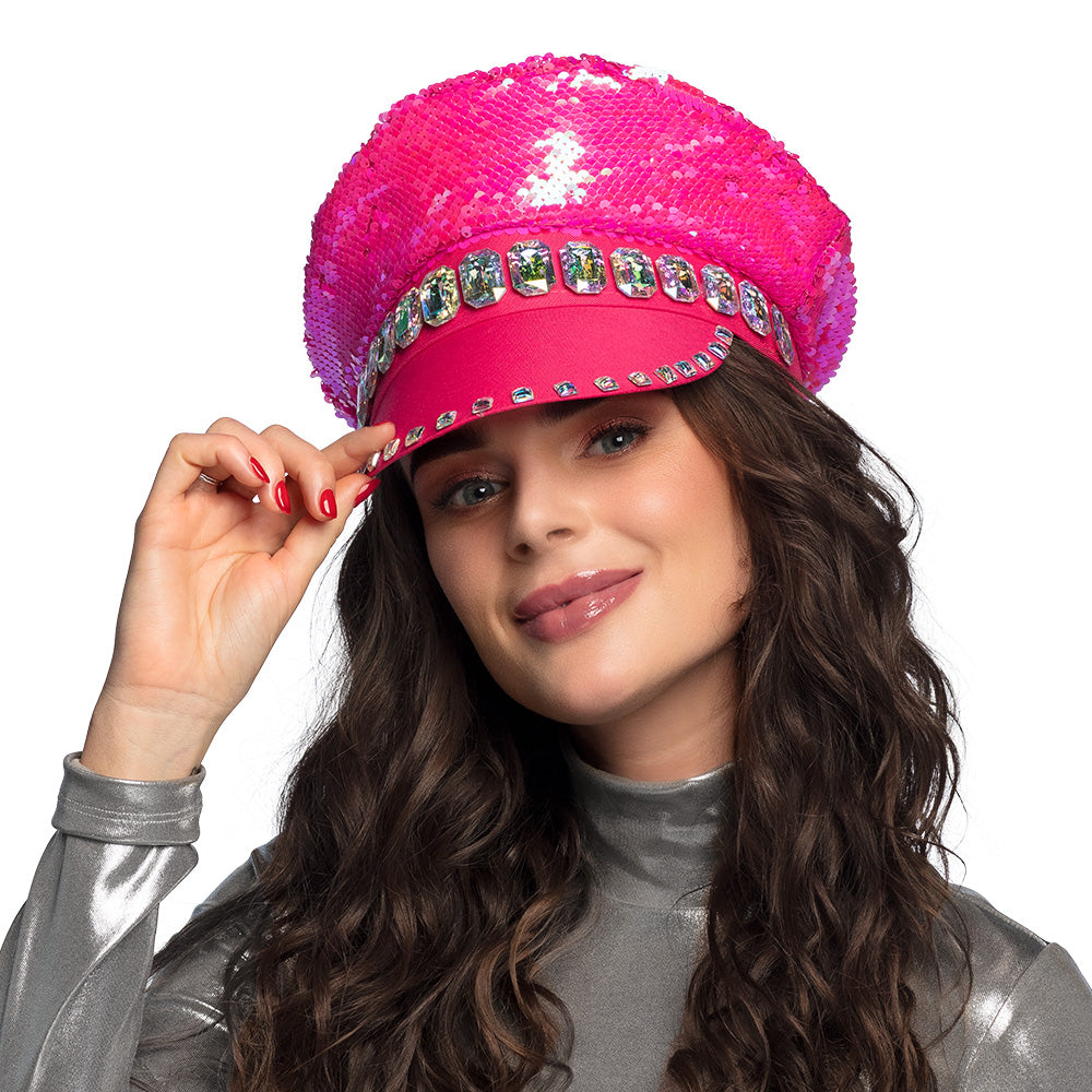 Casquette Capitaine Sequins Rose Fluo - Accessoire de Fête Adulte