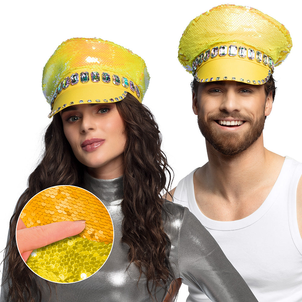 Bonnet Paillettes Jaune Fluo avec Cristaux - Accessoire Disco