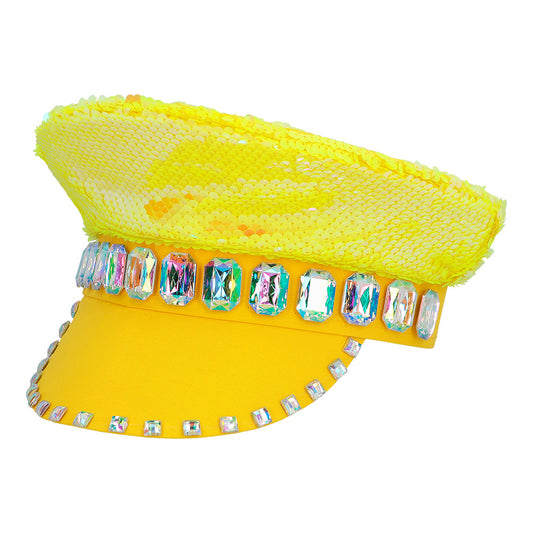 Bonnet Paillettes Jaune Fluo avec Cristaux - Accessoire Disco