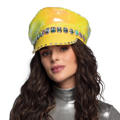 Bonnet Paillettes Jaune Fluo avec Cristaux - Accessoire Disco
