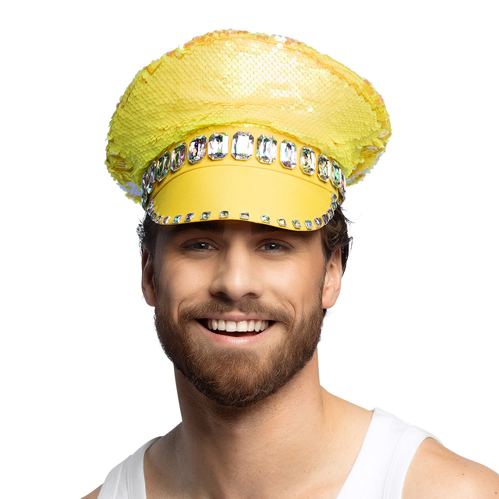 Bonnet Paillettes Jaune Fluo avec Cristaux - Accessoire Disco