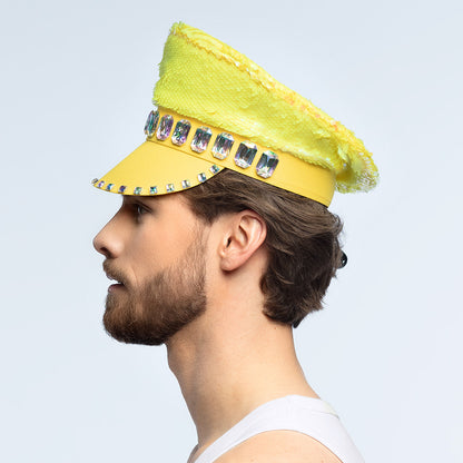 Bonnet Paillettes Jaune Fluo avec Cristaux - Accessoire Disco