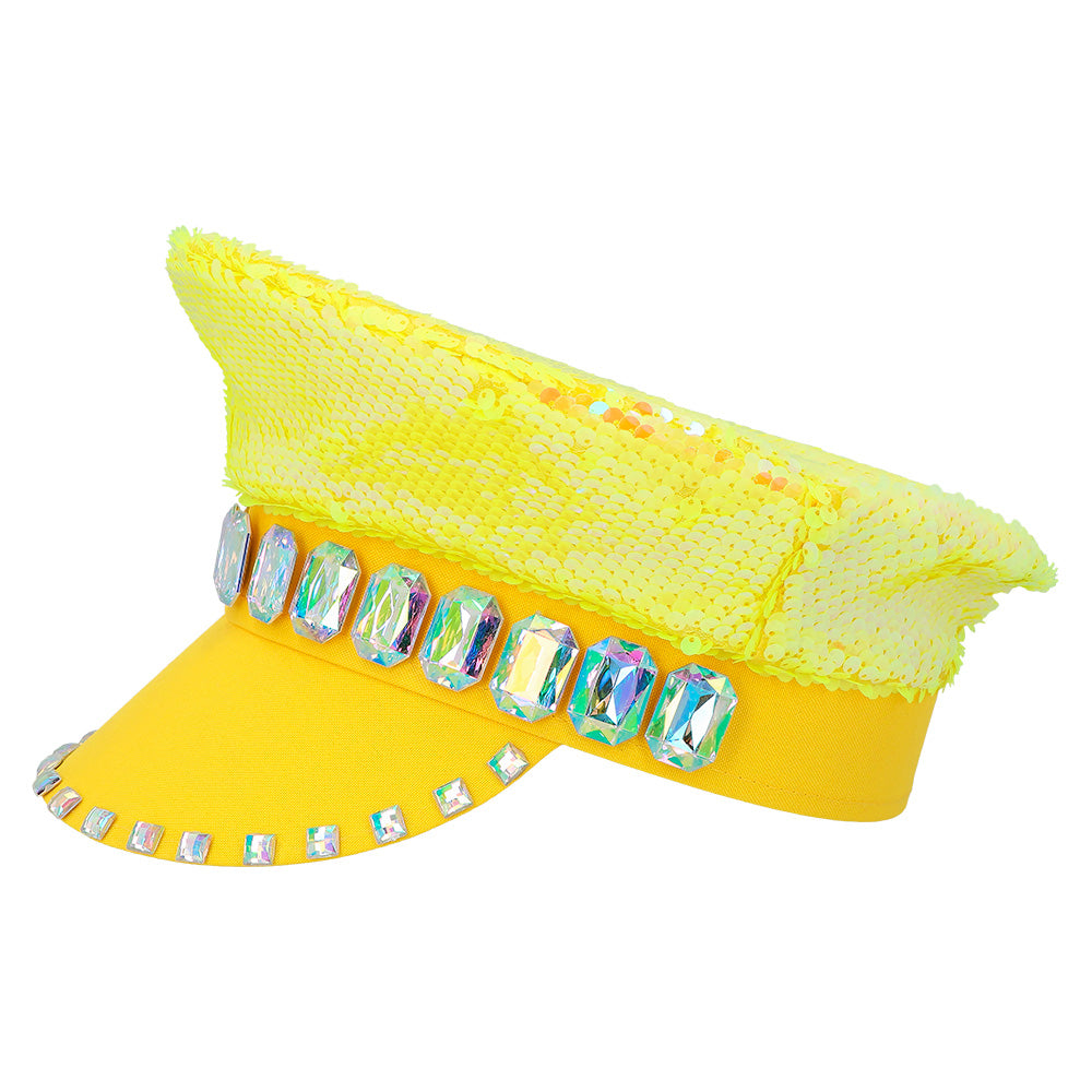 Bonnet Paillettes Jaune Fluo avec Cristaux - Accessoire Disco