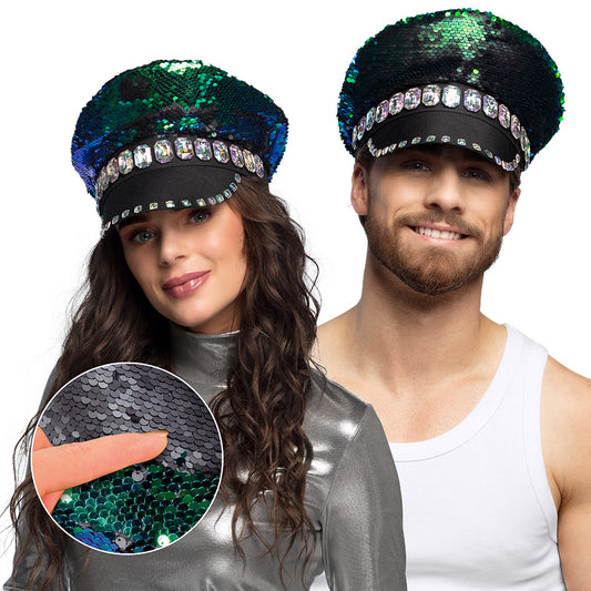 Casquette Capitaine Sequins Réversibles Vert Bleu avec Strass