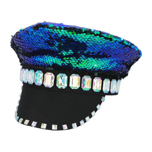 Casquette Capitaine Sequins Réversibles Vert Bleu avec Strass