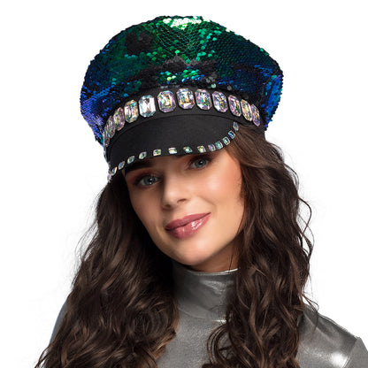 Casquette Capitaine Sequins Réversibles Vert Bleu avec Strass