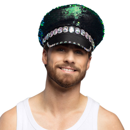 Casquette Capitaine Sequins Réversibles Vert Bleu avec Strass