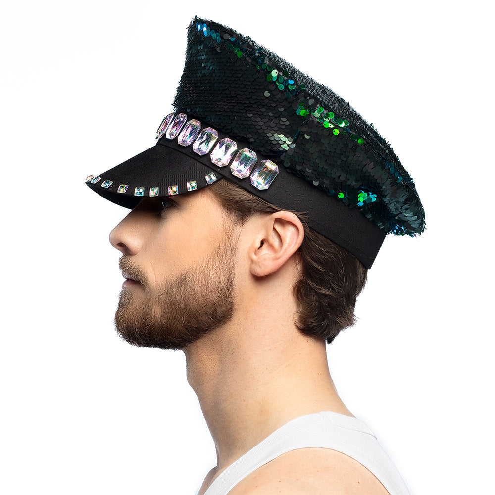 Casquette Capitaine Sequins Réversibles Vert Bleu avec Strass